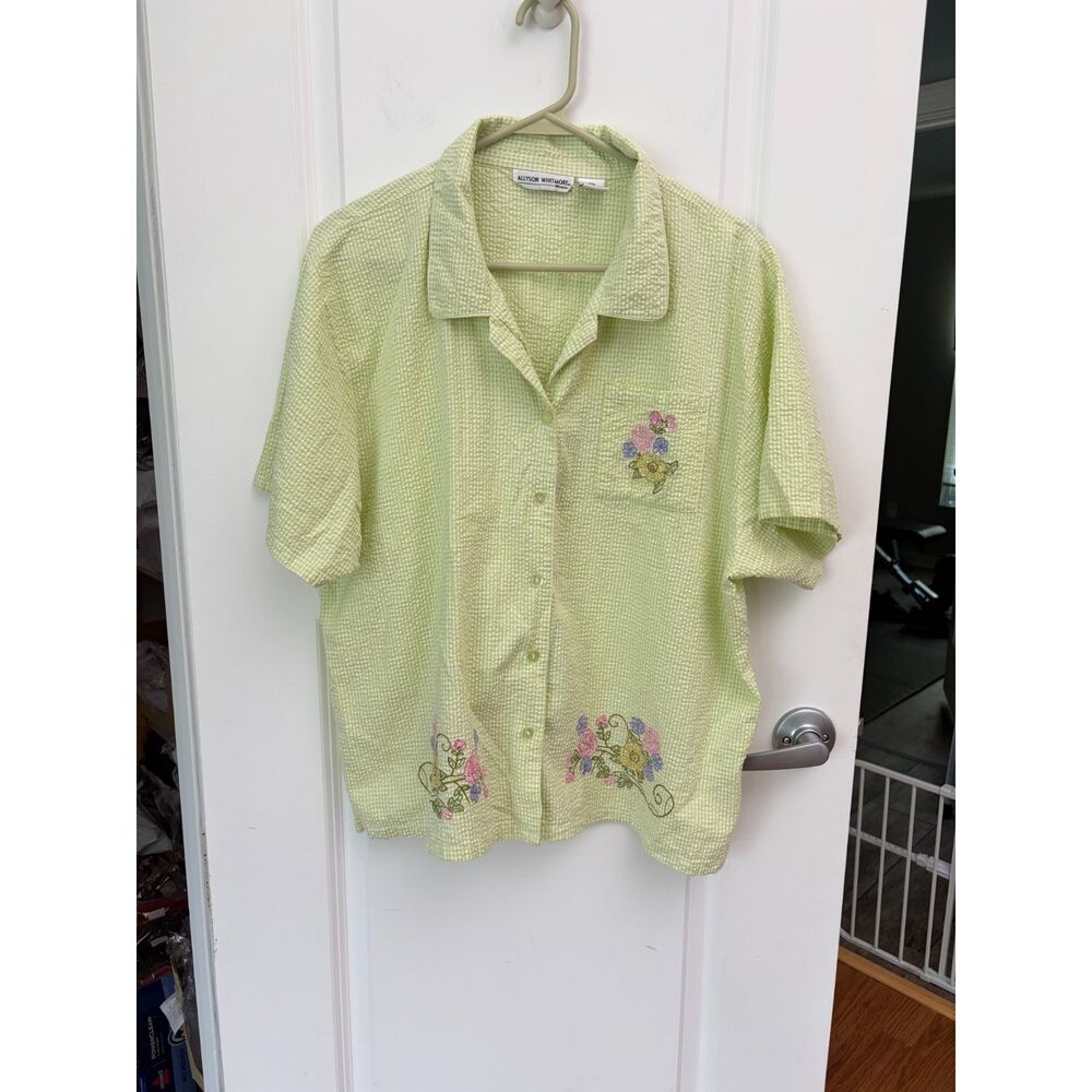 Allyson Whitmore Plus Size 2X Green Seersucker Floral Embroidered Top Shirt
